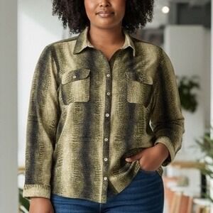 Vintage Y2K Women Top Plus 3X Chartreuse Green Snake Print Button Classic Office